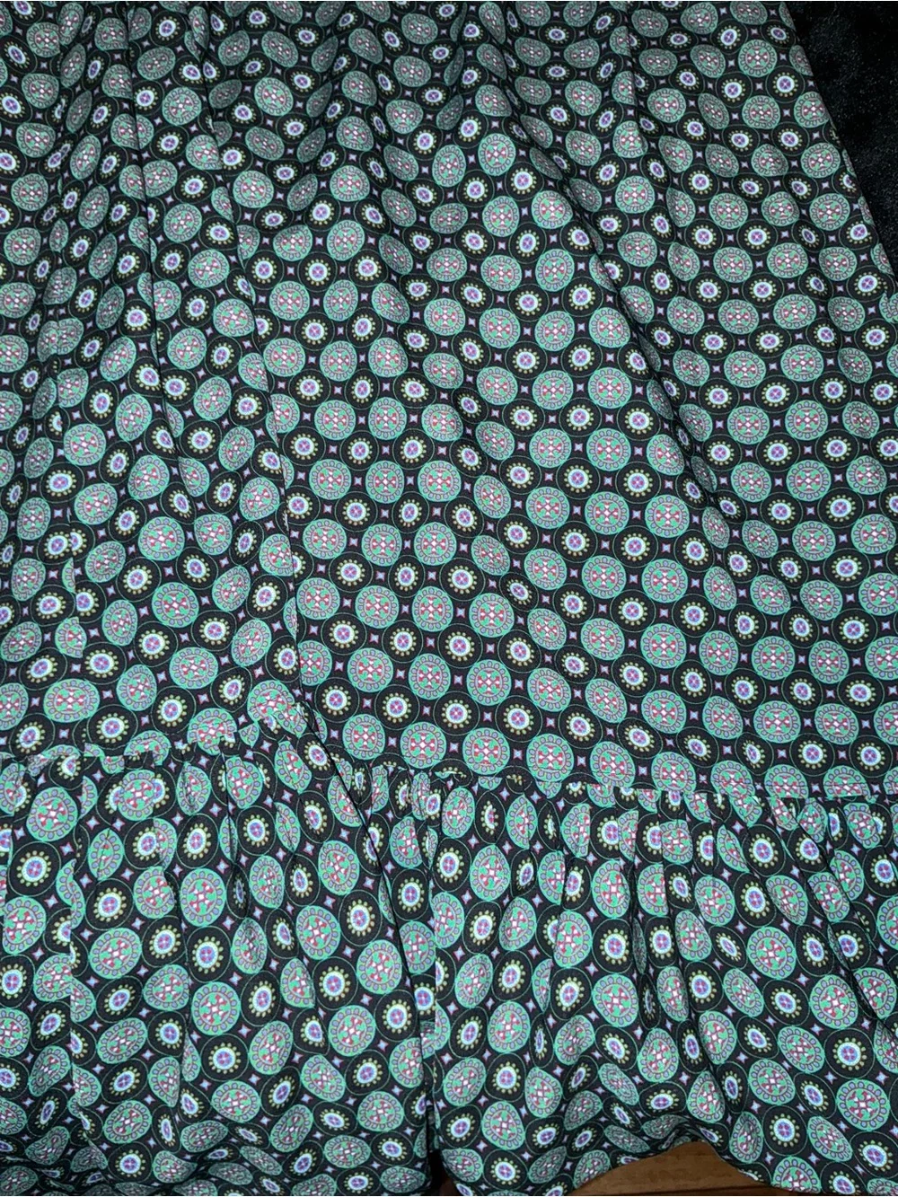 Tory Burch Ruffle Wrap Dress Black Medallion Maxi Dress with Teal Circular Print